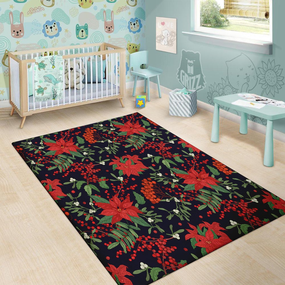 Poinsettia Xmas Print Pattern Floor Mat-grizzshop