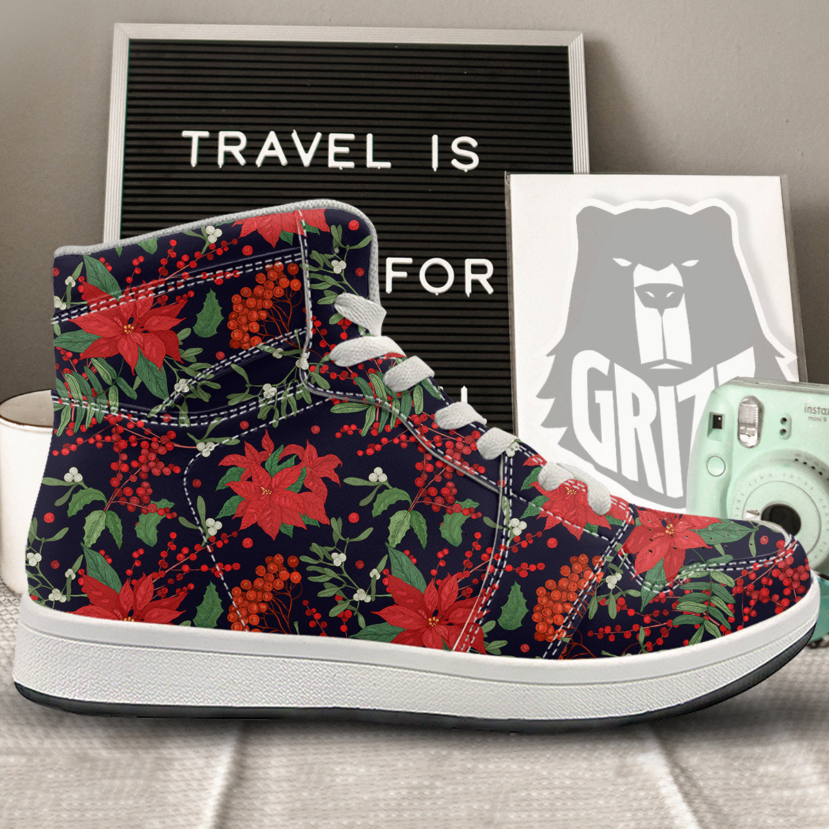 Poinsettia Xmas Print Pattern High Top Sneakers-grizzshop