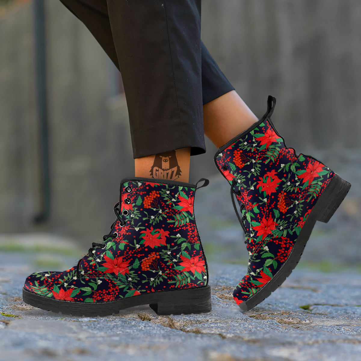 Poinsettia Xmas Print Pattern Leather Boots-grizzshop