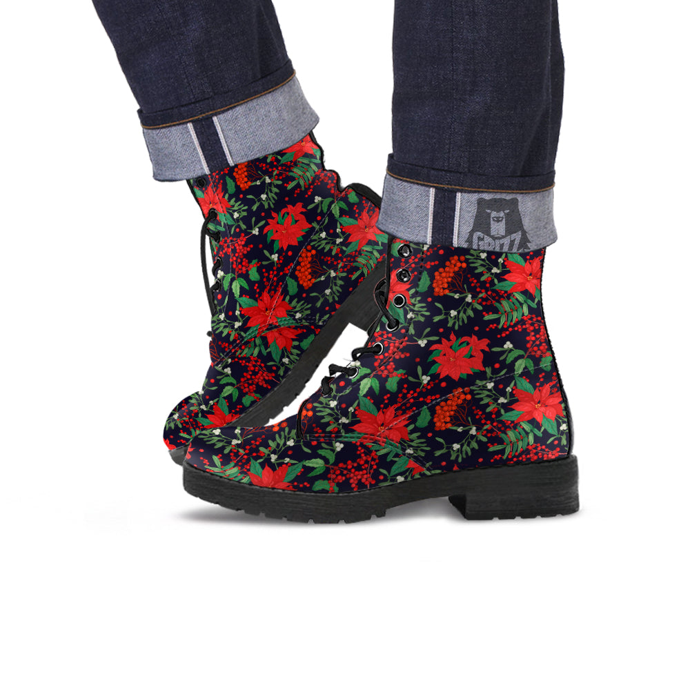 Poinsettia Xmas Print Pattern Leather Boots-grizzshop