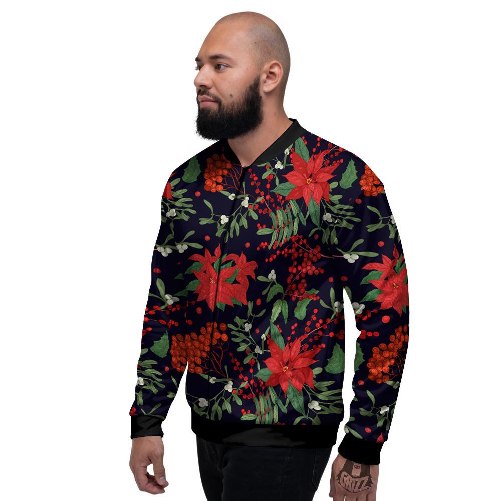 Poinsettia Xmas Print Pattern Men's Bomber Jacket-grizzshop