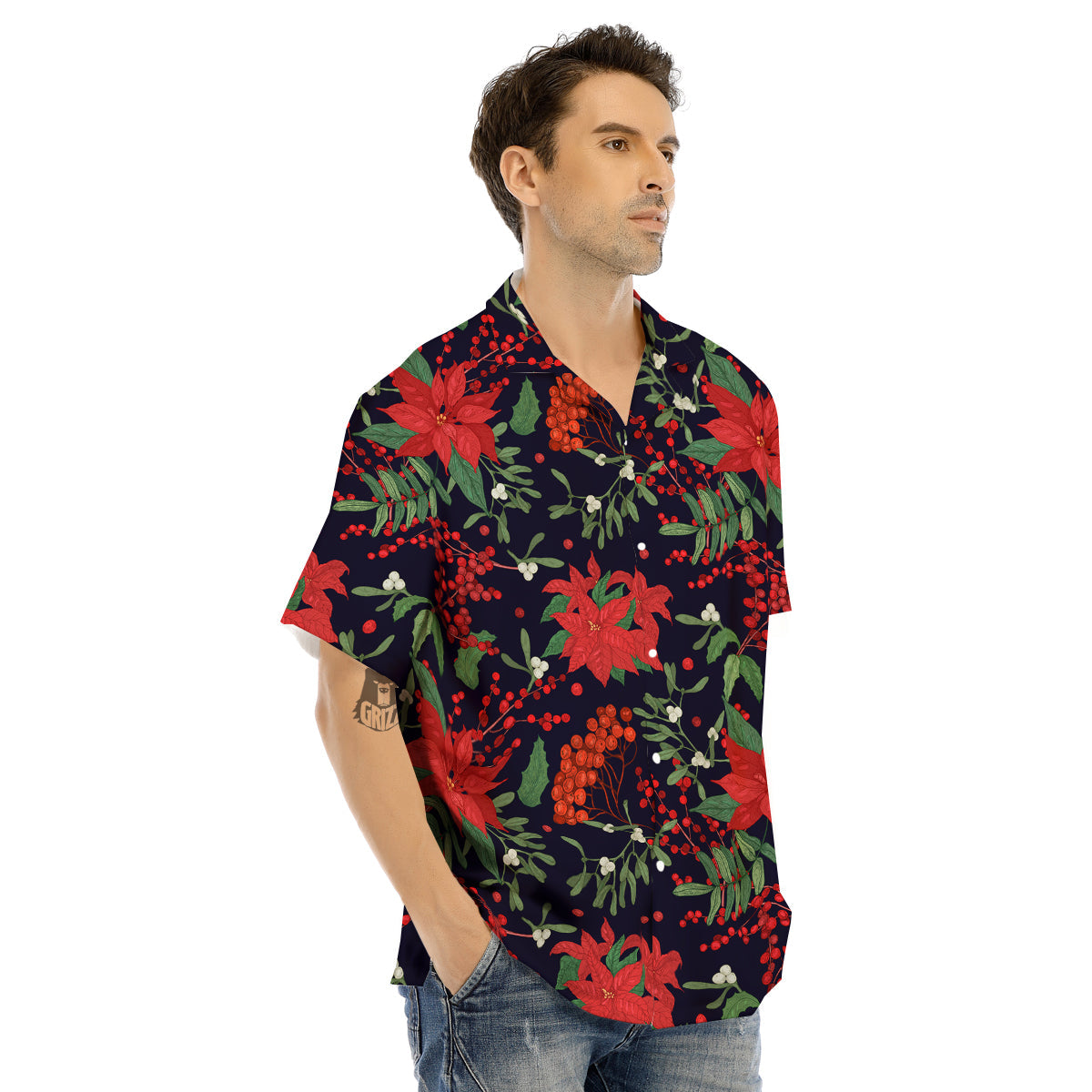 Poinsettia Xmas Print Pattern Men's Hawaiian Shirt-grizzshop