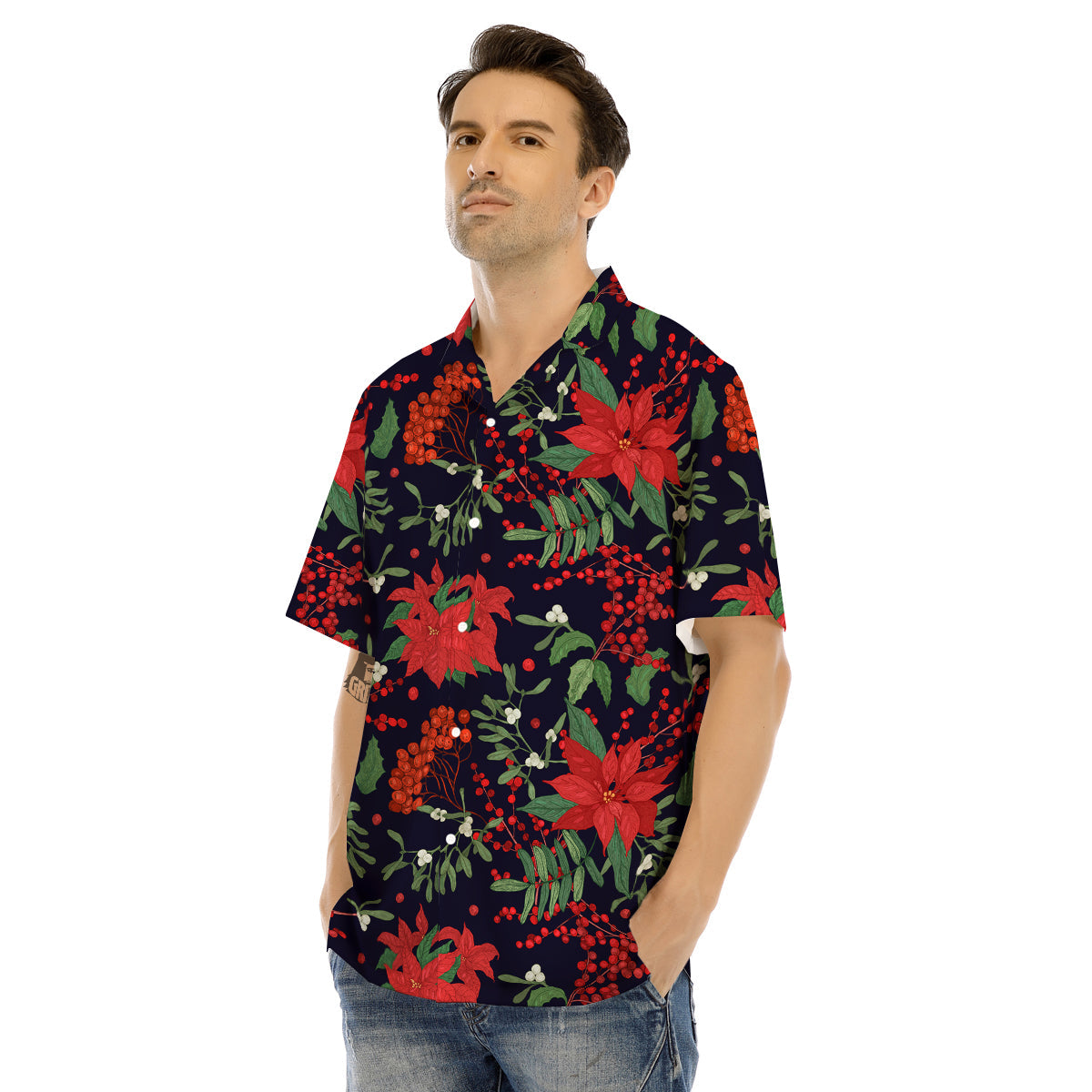 Poinsettia Xmas Print Pattern Men's Hawaiian Shirt-grizzshop