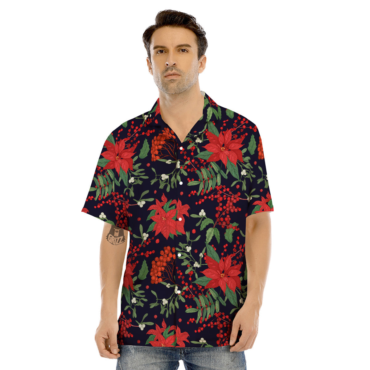 Poinsettia Xmas Print Pattern Men's Hawaiian Shirt-grizzshop