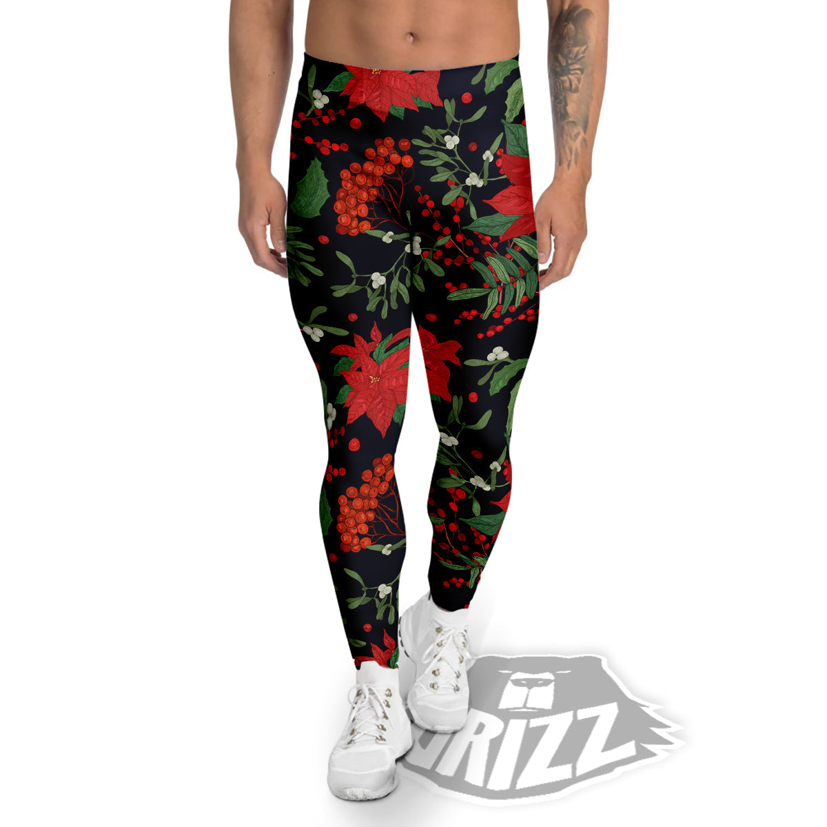 Poinsettia Xmas Print Pattern Men's Leggings-grizzshop