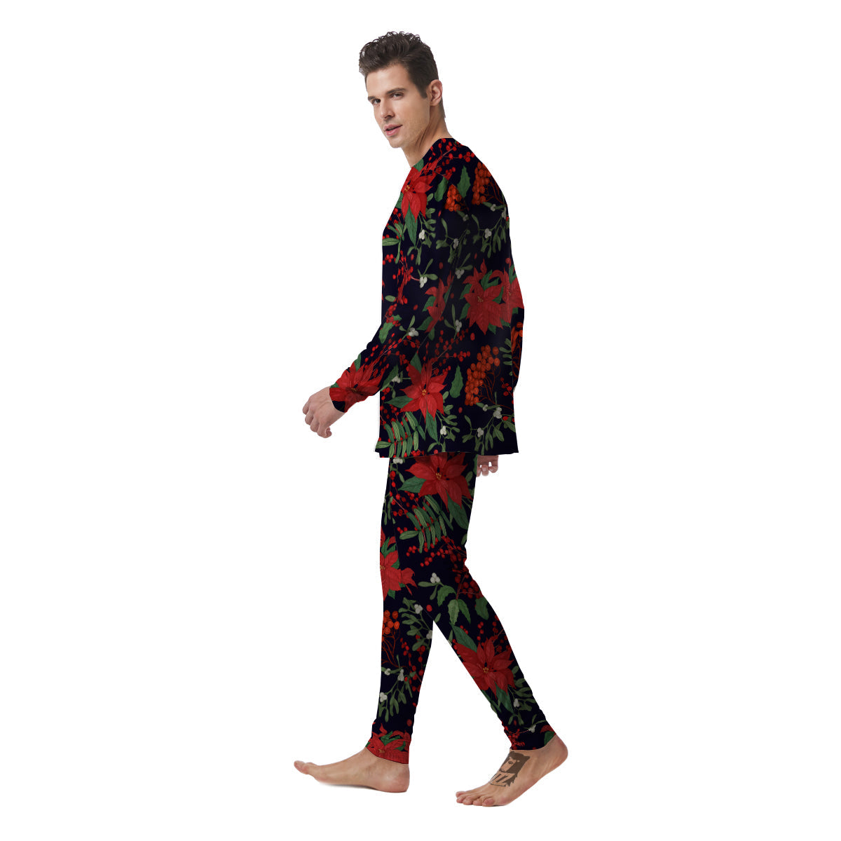 Poinsettia Xmas Print Pattern Men's Pajamas-grizzshop