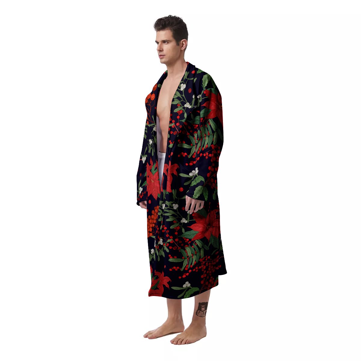 Poinsettia Xmas Print Pattern Men's Robe-grizzshop