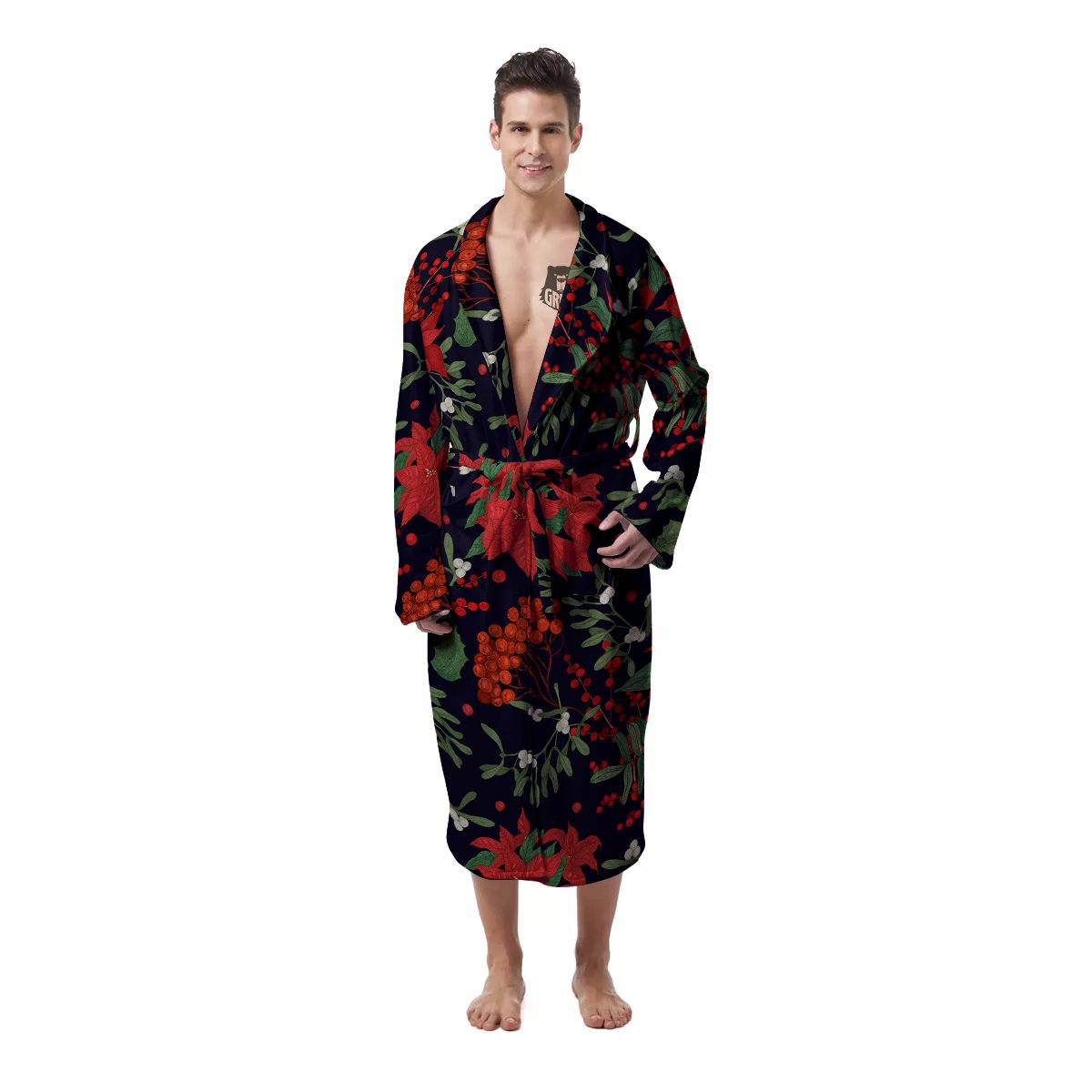 Poinsettia Xmas Print Pattern Men's Robe-grizzshop