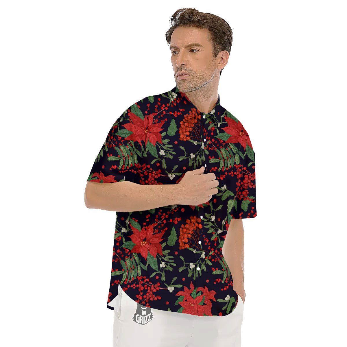 Poinsettia Xmas Print Pattern Men's Short Sleeve Shirts-grizzshop