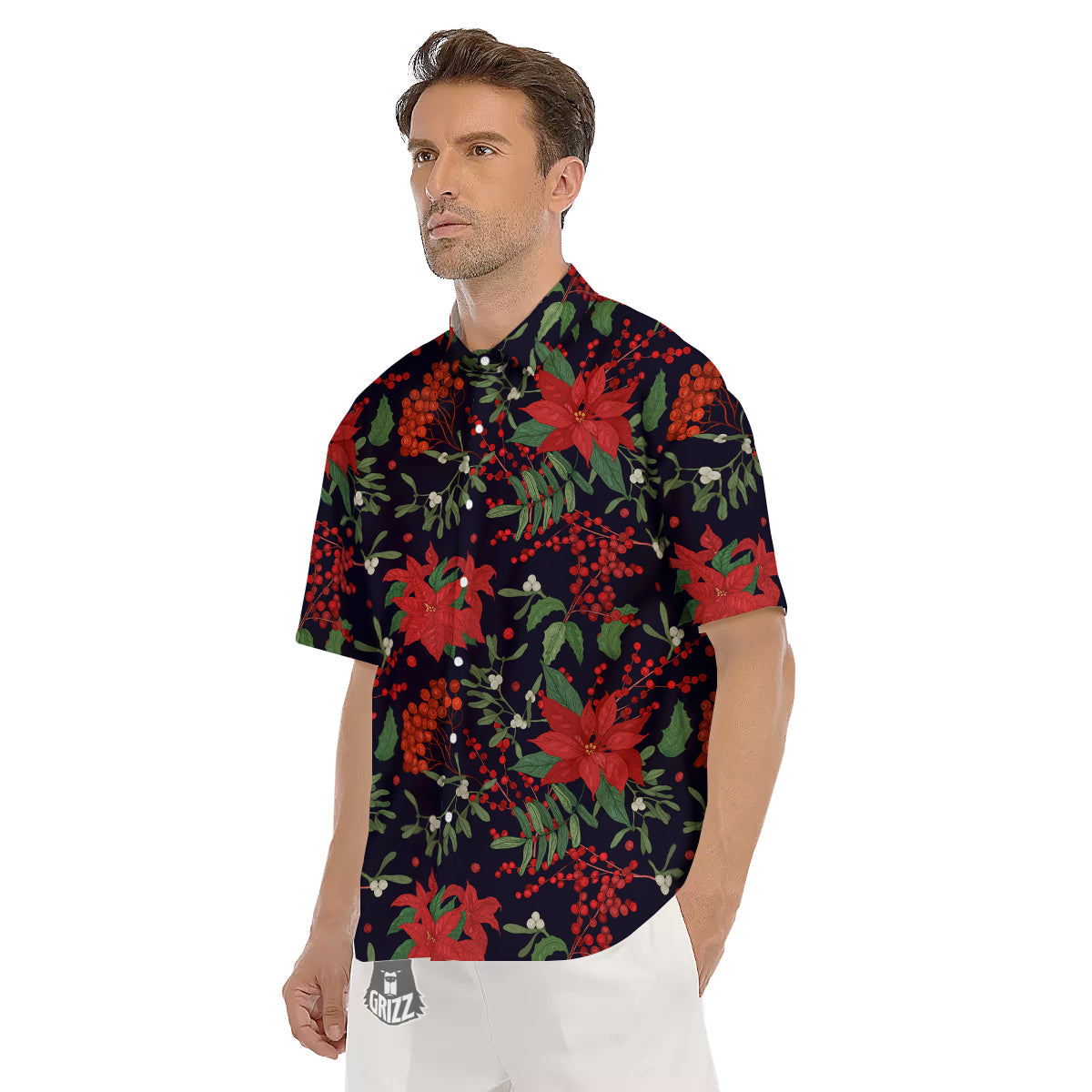 Poinsettia Xmas Print Pattern Men's Short Sleeve Shirts-grizzshop