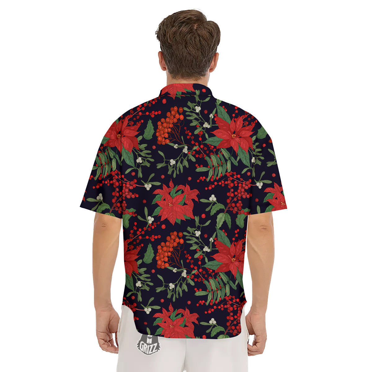 Poinsettia Xmas Print Pattern Men's Short Sleeve Shirts-grizzshop