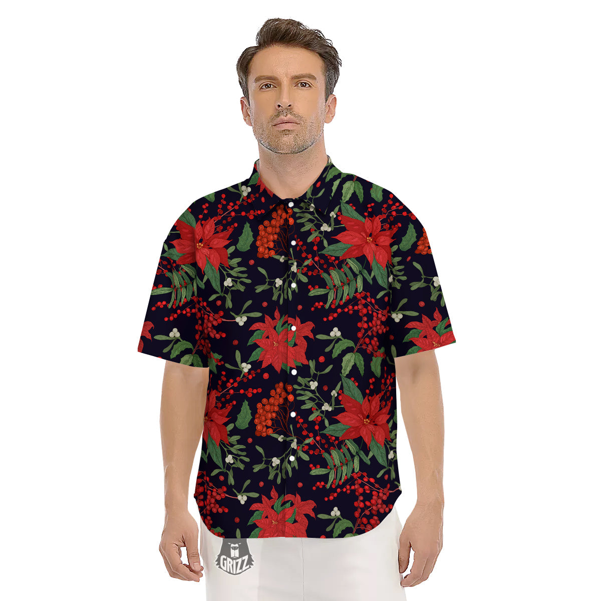 Poinsettia Xmas Print Pattern Men's Short Sleeve Shirts-grizzshop