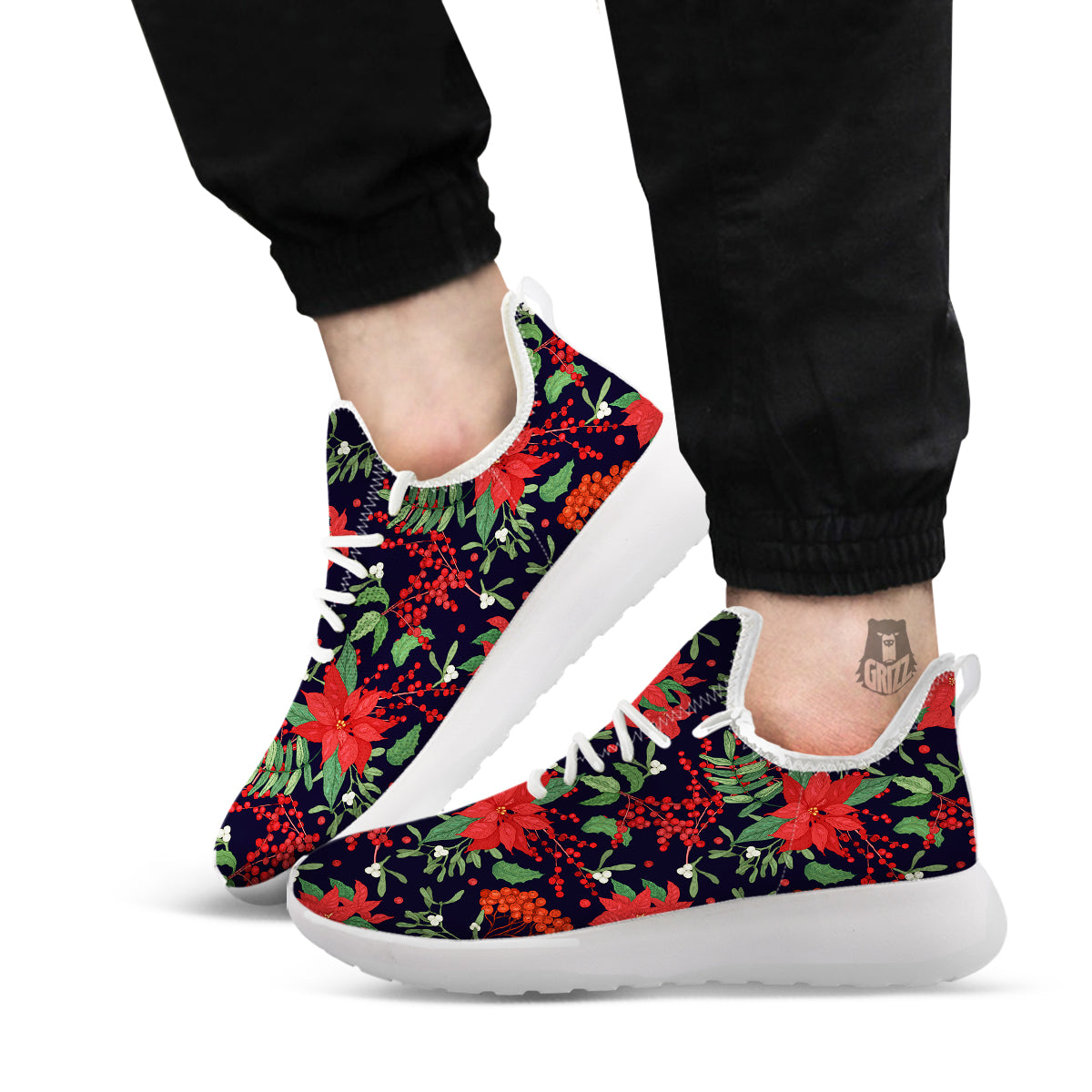 Poinsettia Xmas Print Pattern White Athletic Shoes-grizzshop