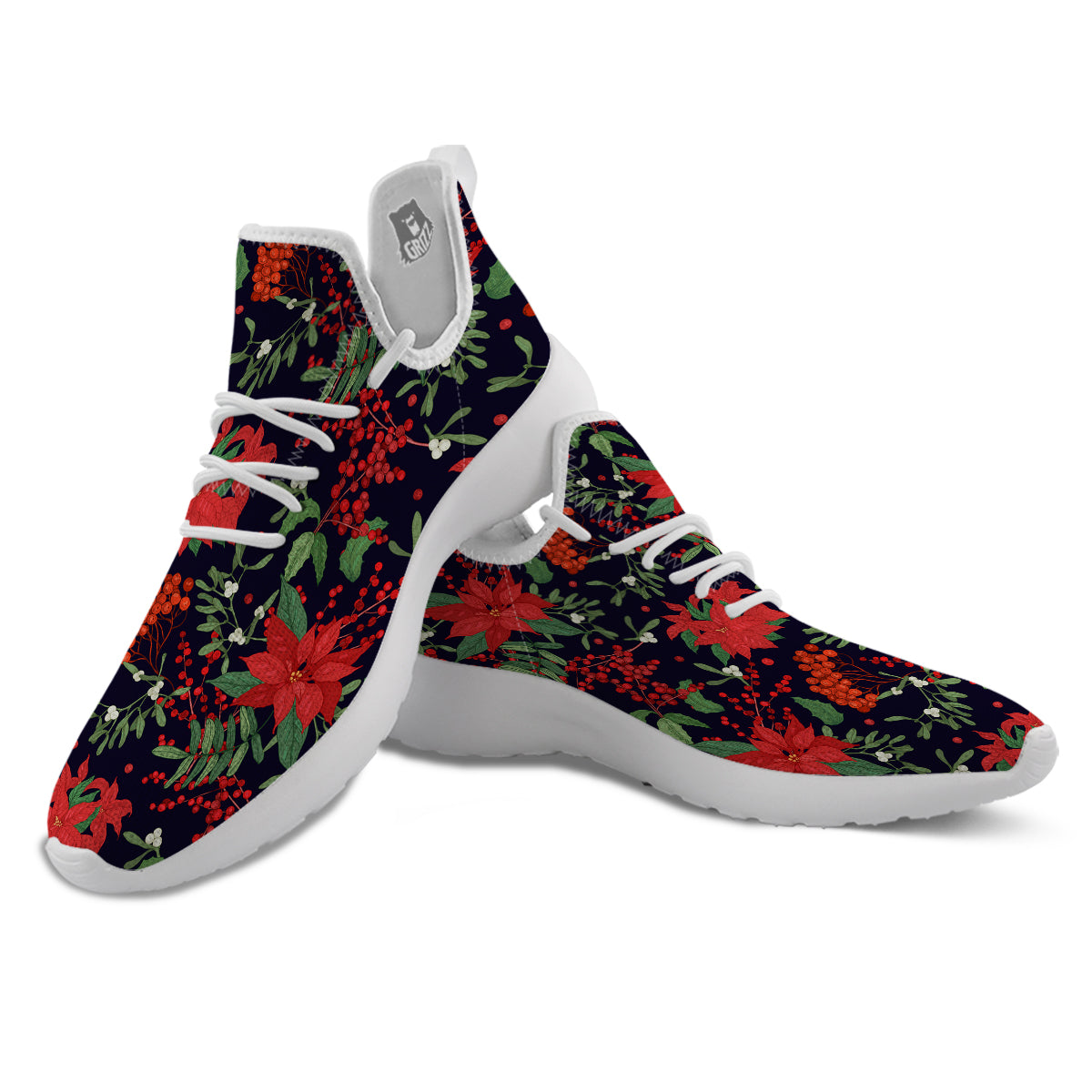 Poinsettia Xmas Print Pattern White Athletic Shoes-grizzshop