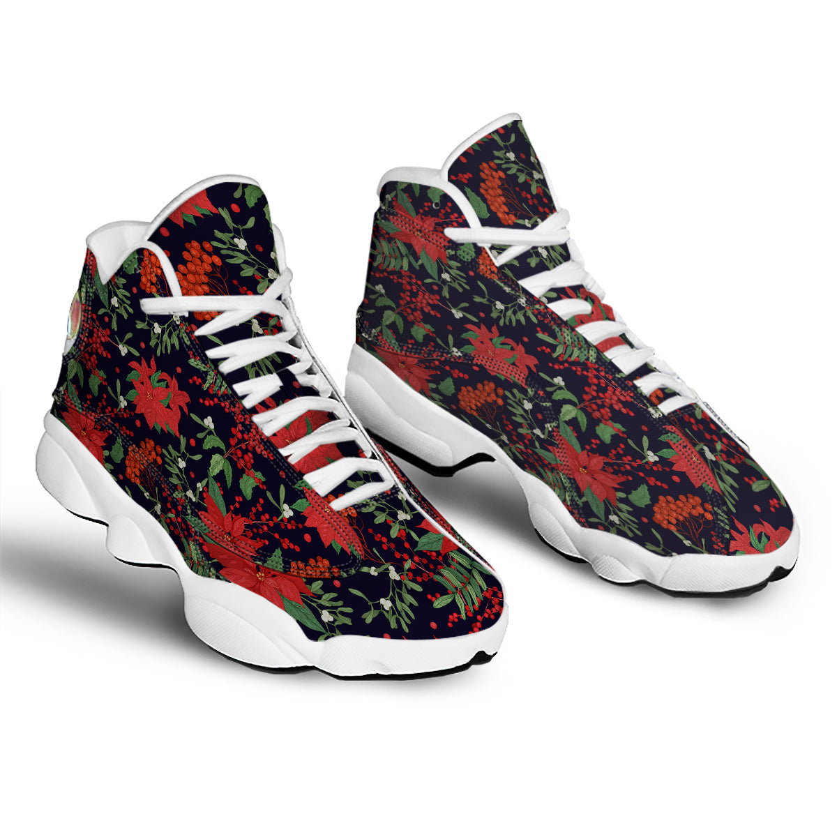 Poinsettia Xmas Print Pattern White Basketball Shoes-grizzshop