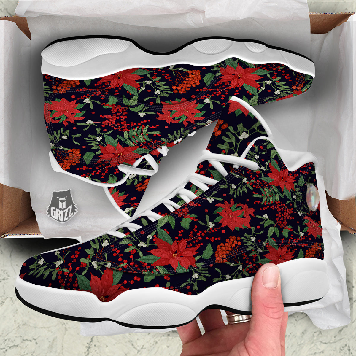 Poinsettia Xmas Print Pattern White Basketball Shoes-grizzshop