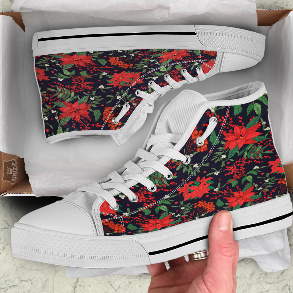 Poinsettia Xmas Print Pattern White High Top Shoes-grizzshop