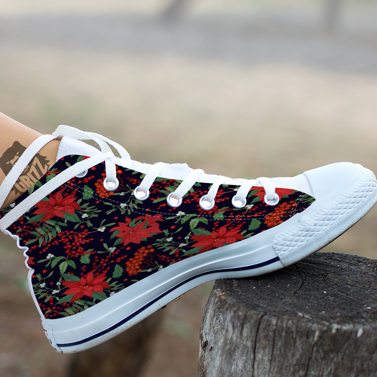 Poinsettia Xmas Print Pattern White High Top Shoes-grizzshop