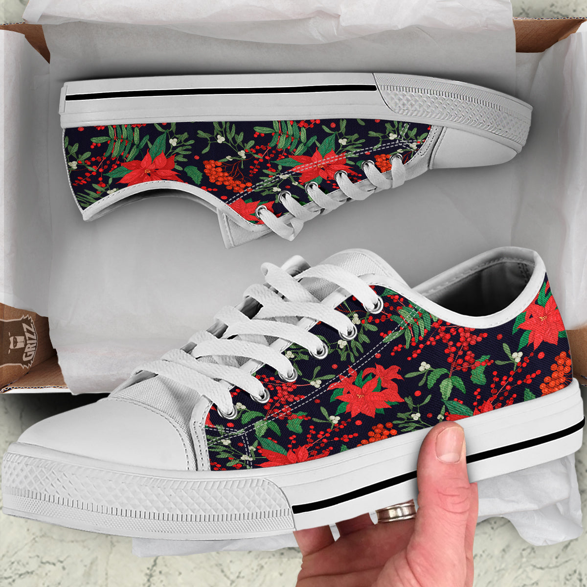 Poinsettia Xmas Print Pattern White Low Top Shoes-grizzshop