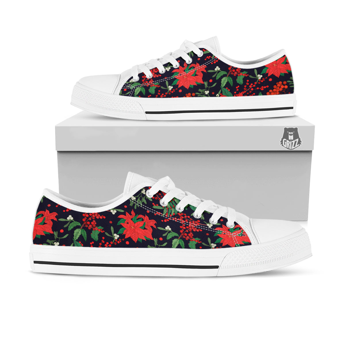 Poinsettia Xmas Print Pattern White Low Top Shoes-grizzshop