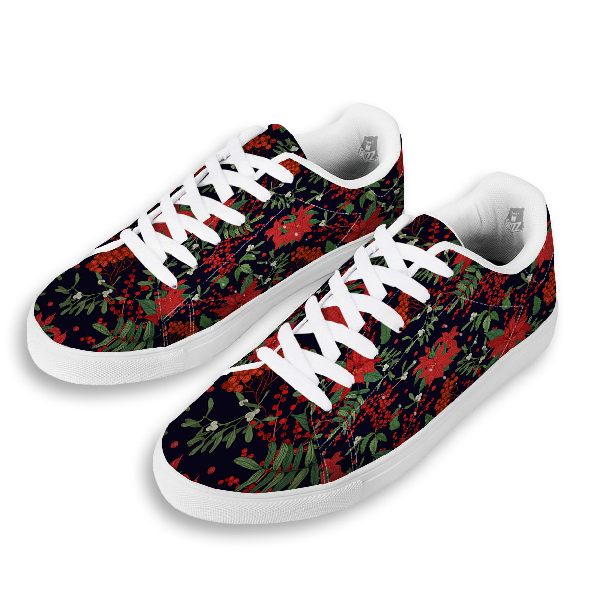 Poinsettia Xmas Print Pattern White Low Top Sneakers-grizzshop