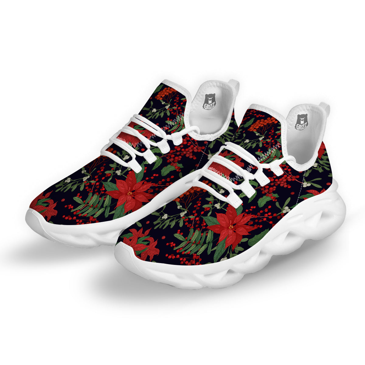 Poinsettia Xmas Print Pattern White Running Shoes-grizzshop