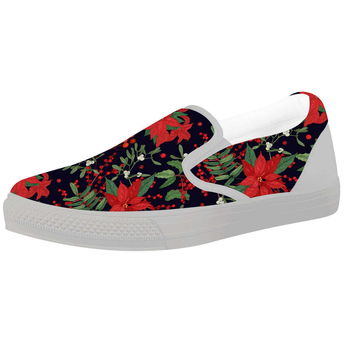Poinsettia Xmas Print Pattern White Slip On Shoes-grizzshop