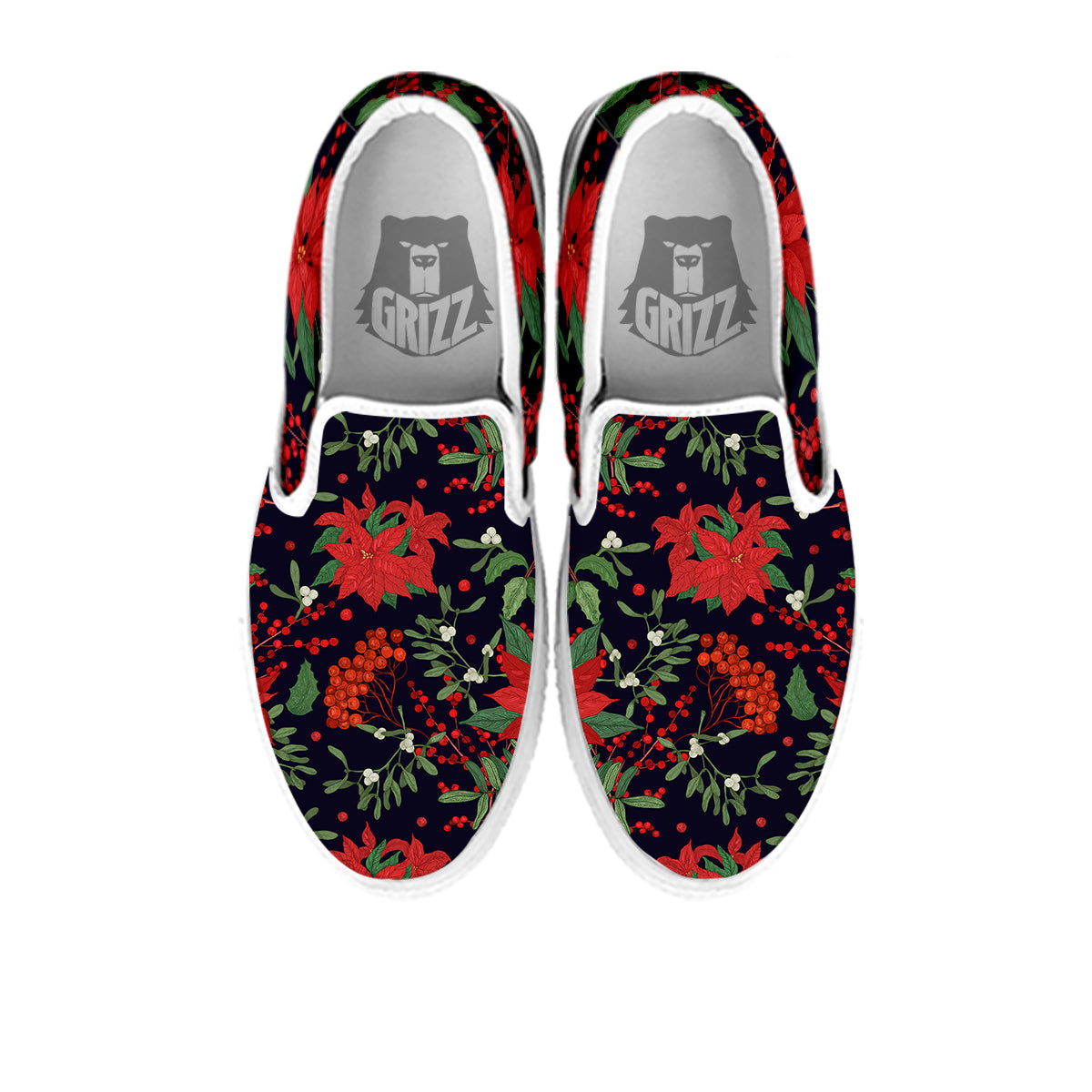 Poinsettia Xmas Print Pattern White Slip On Shoes-grizzshop