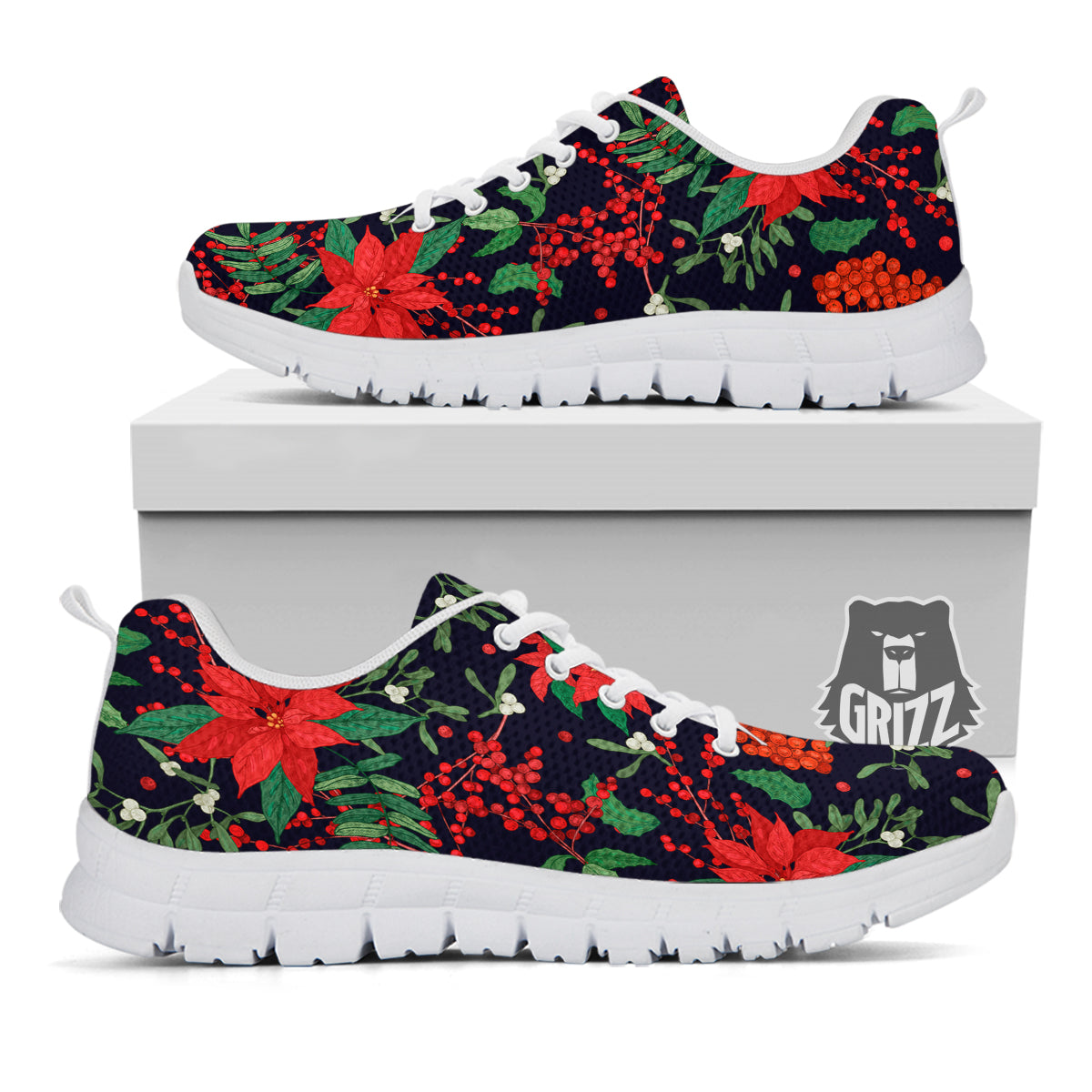 Poinsettia Xmas Print Pattern White Sneaker-grizzshop
