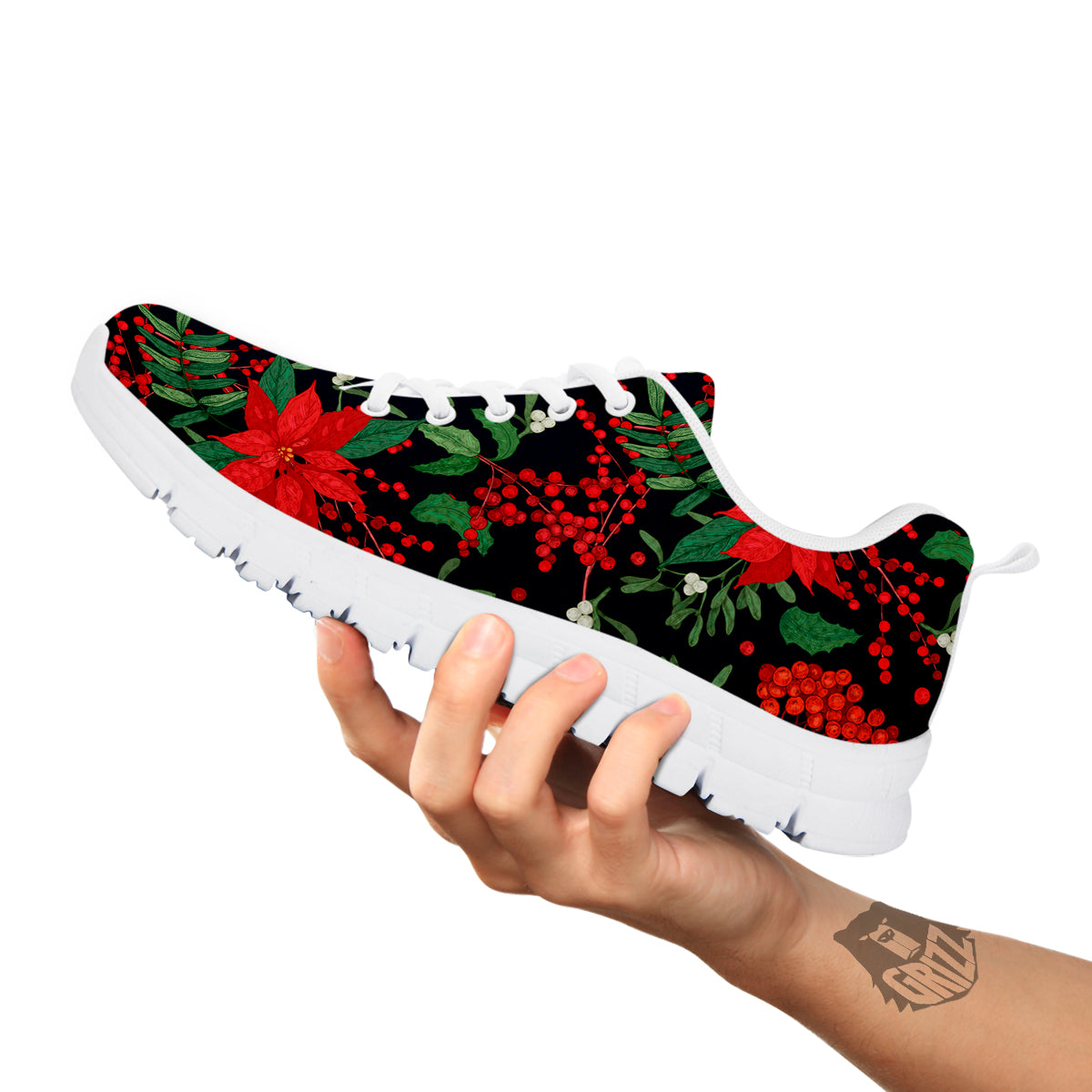 Poinsettia Xmas Print Pattern White Sneaker-grizzshop