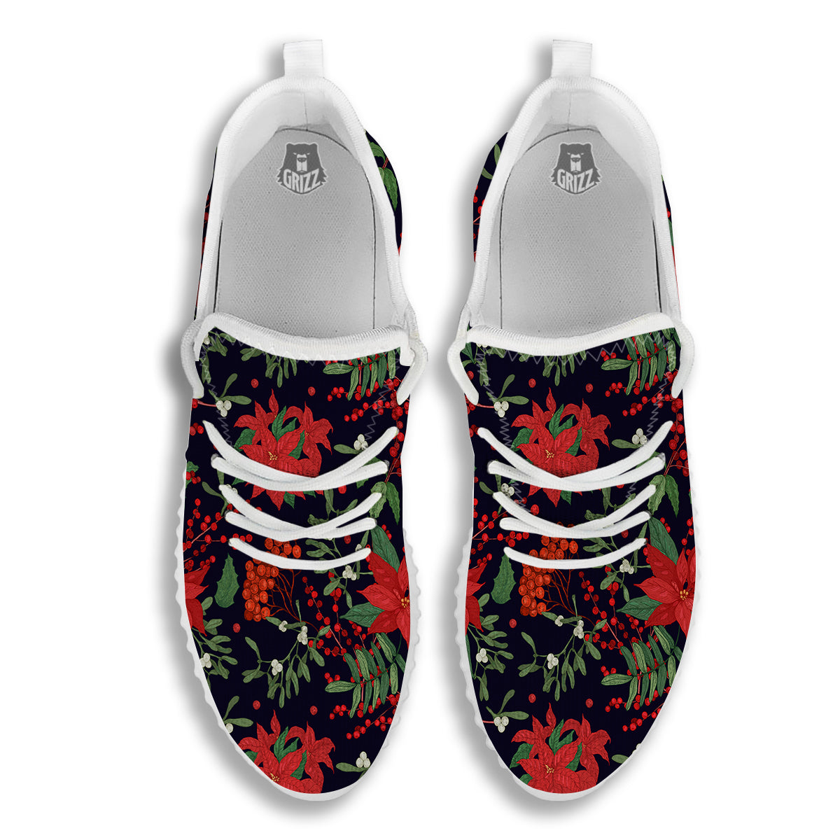 Poinsettia Xmas Print Pattern White Walking Shoes-grizzshop