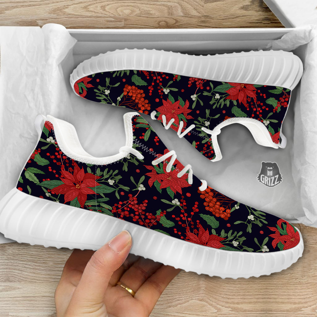 Poinsettia Xmas Print Pattern White Walking Shoes-grizzshop