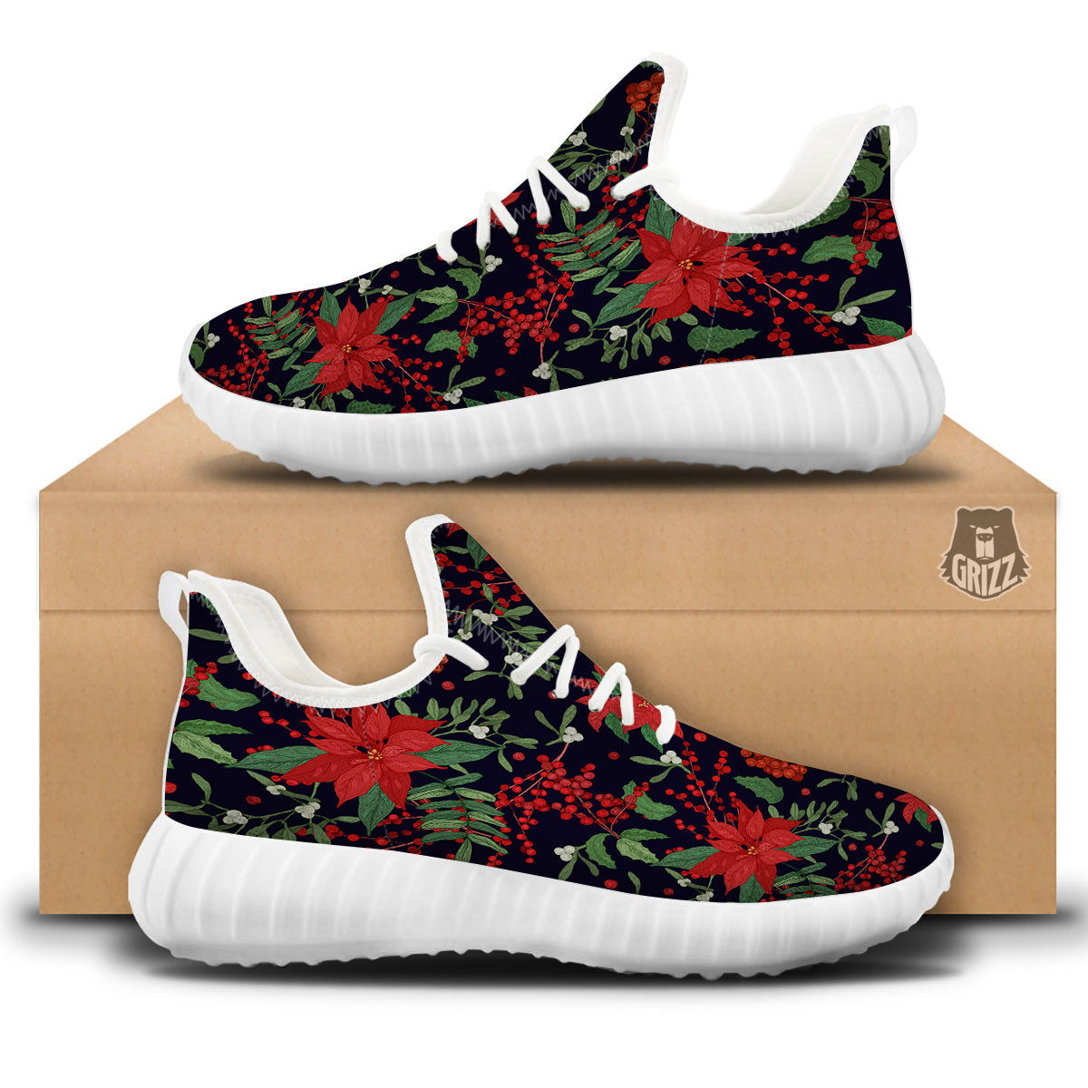 Poinsettia Xmas Print Pattern White Walking Shoes-grizzshop