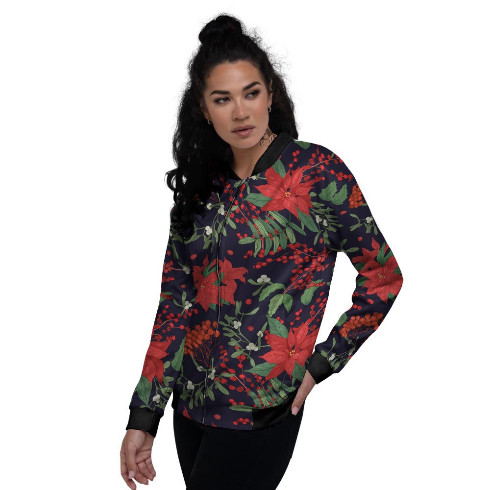Poinsettia Xmas Print Pattern Women's Bomber Jacket-grizzshop