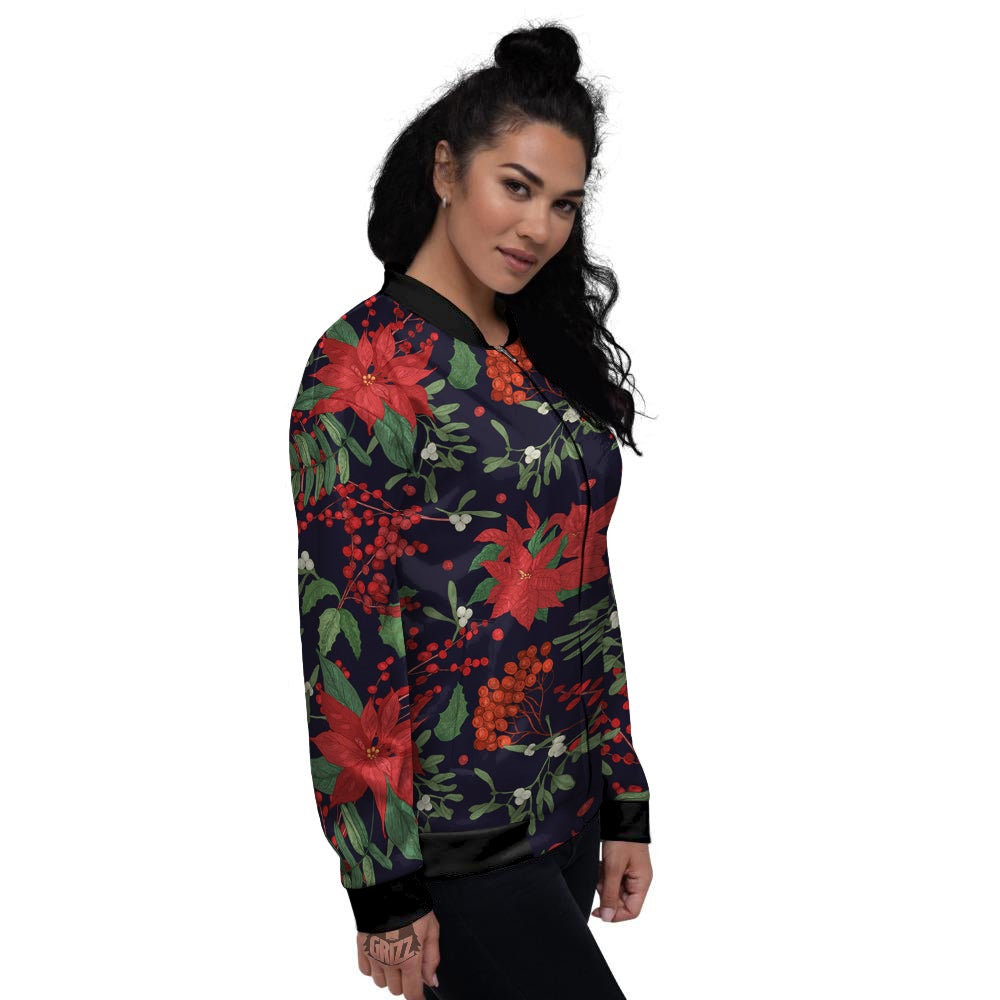Poinsettia Xmas Print Pattern Women's Bomber Jacket-grizzshop