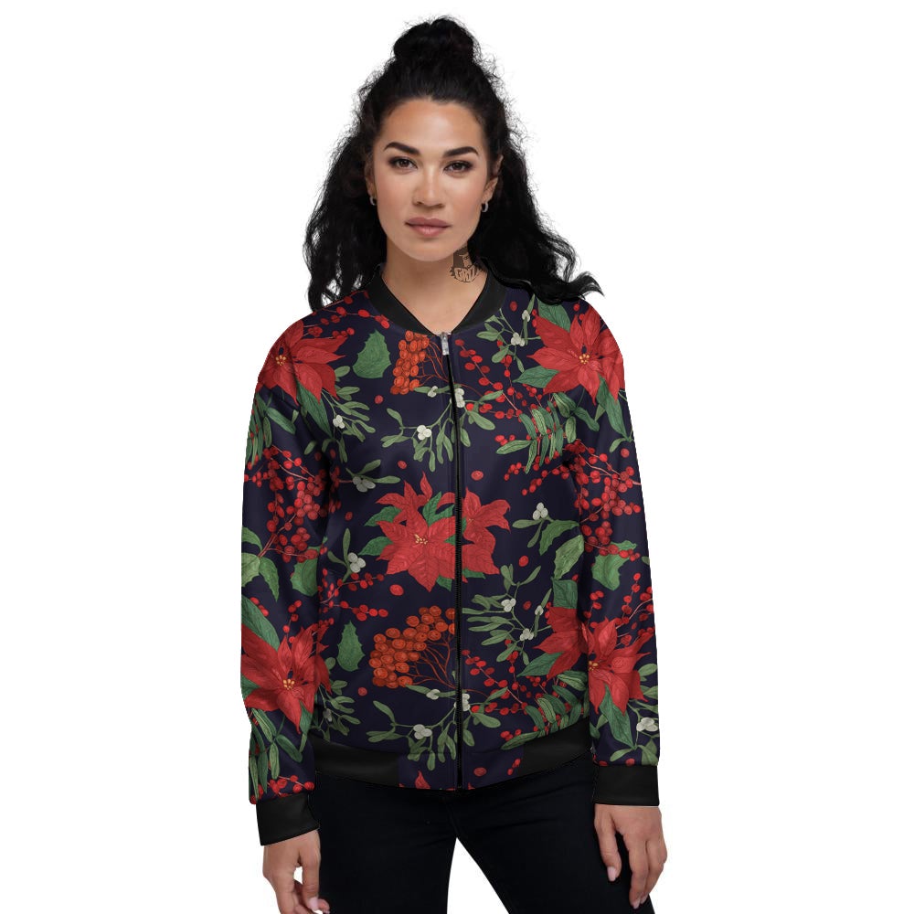 Poinsettia Xmas Print Pattern Women's Bomber Jacket-grizzshop