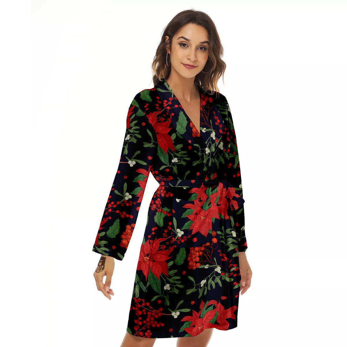 Poinsettia Xmas Print Pattern Women's Robe-grizzshop