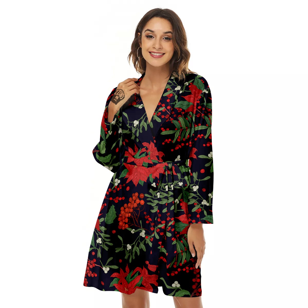 Poinsettia Xmas Print Pattern Women's Robe-grizzshop