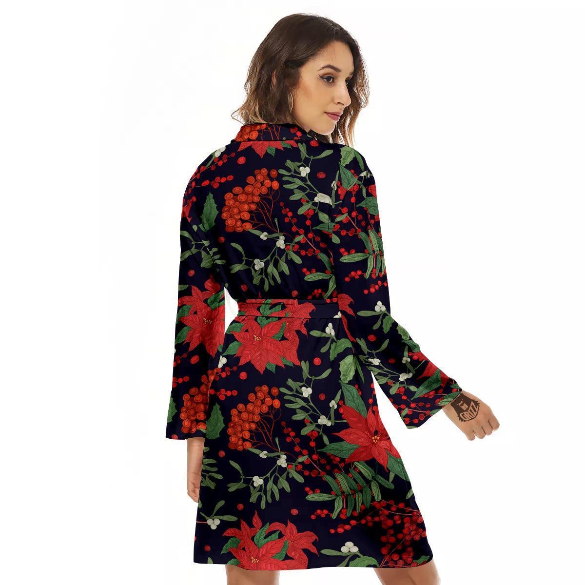 Poinsettia Xmas Print Pattern Women's Robe-grizzshop
