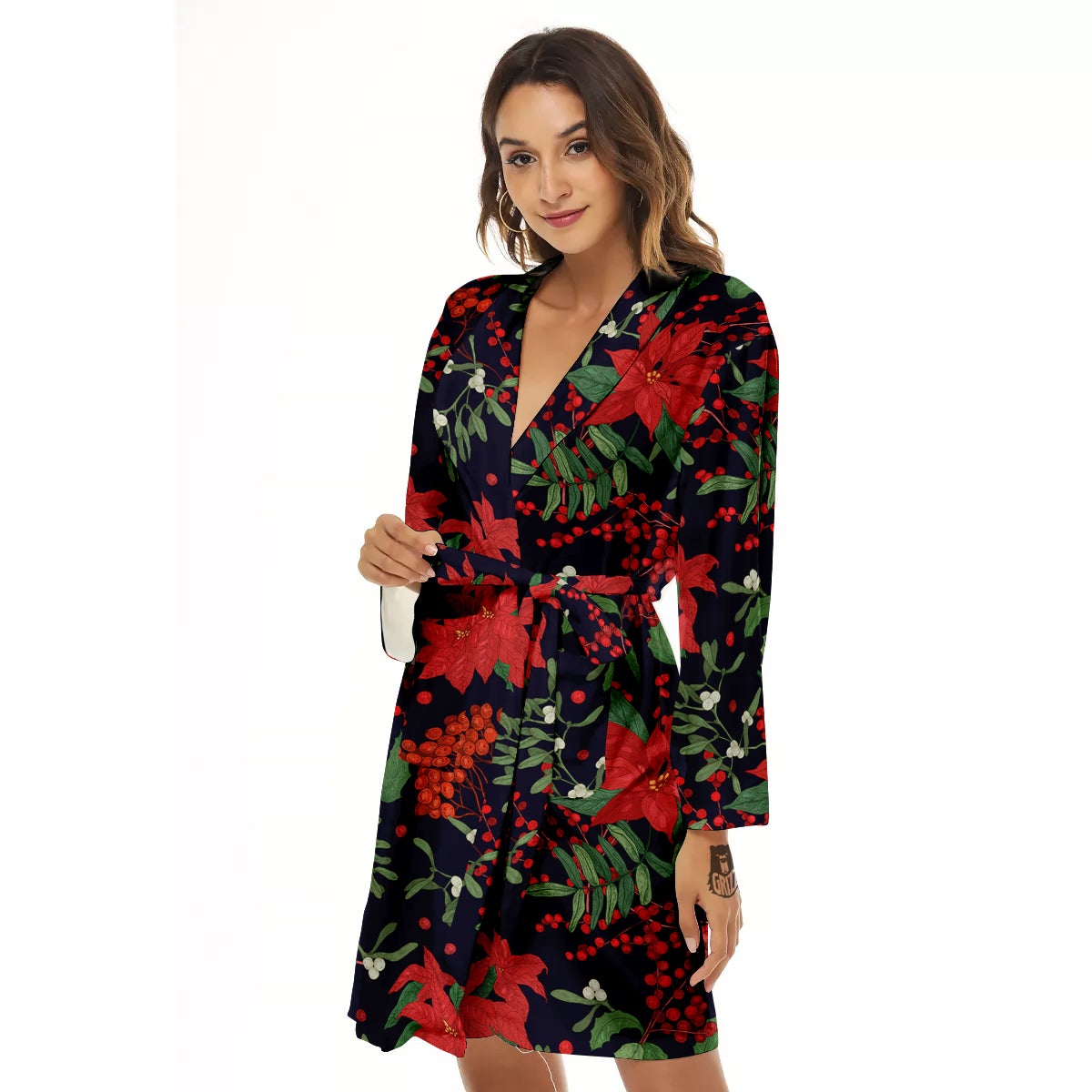 Poinsettia Xmas Print Pattern Women's Robe-grizzshop