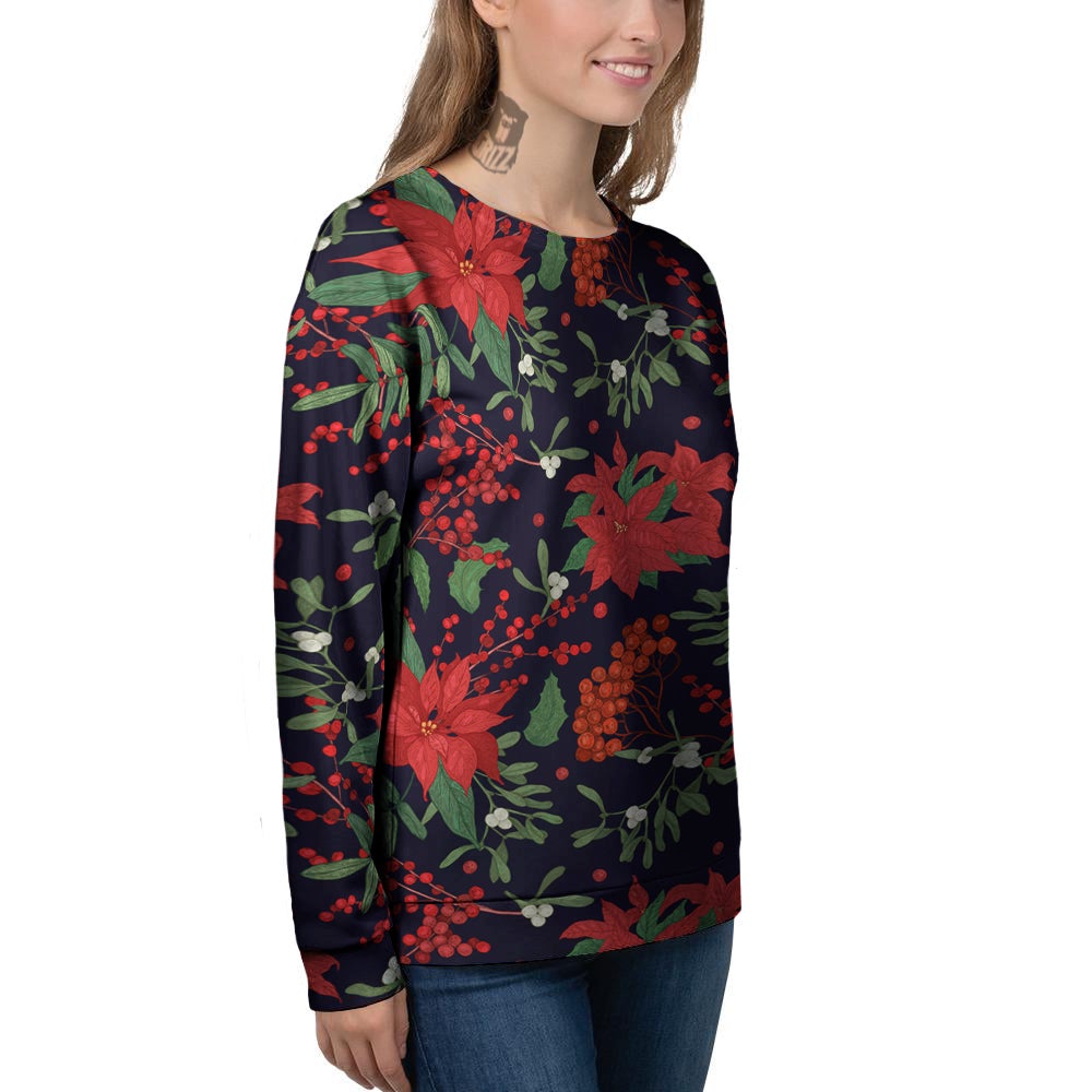 Poinsettia Xmas Print Pattern Women's Sweatshirt-grizzshop