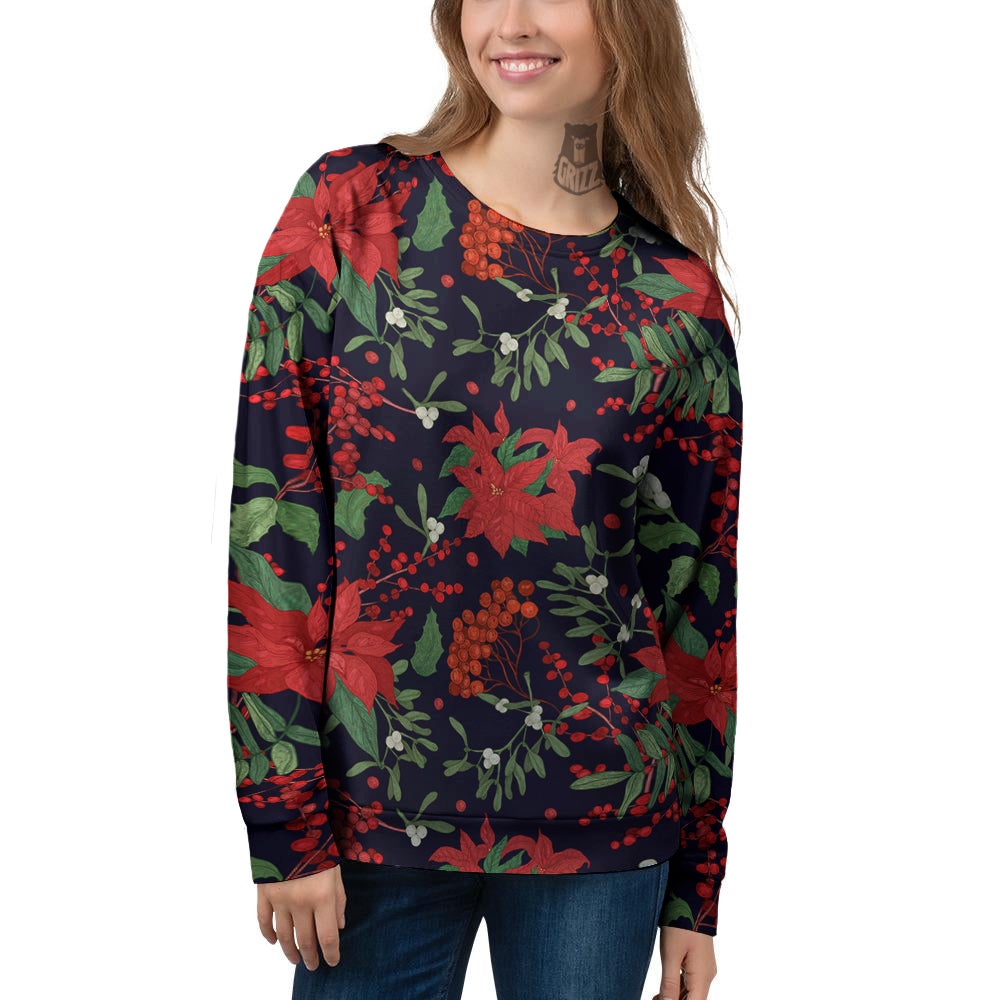 Poinsettia Xmas Print Pattern Women's Sweatshirt-grizzshop