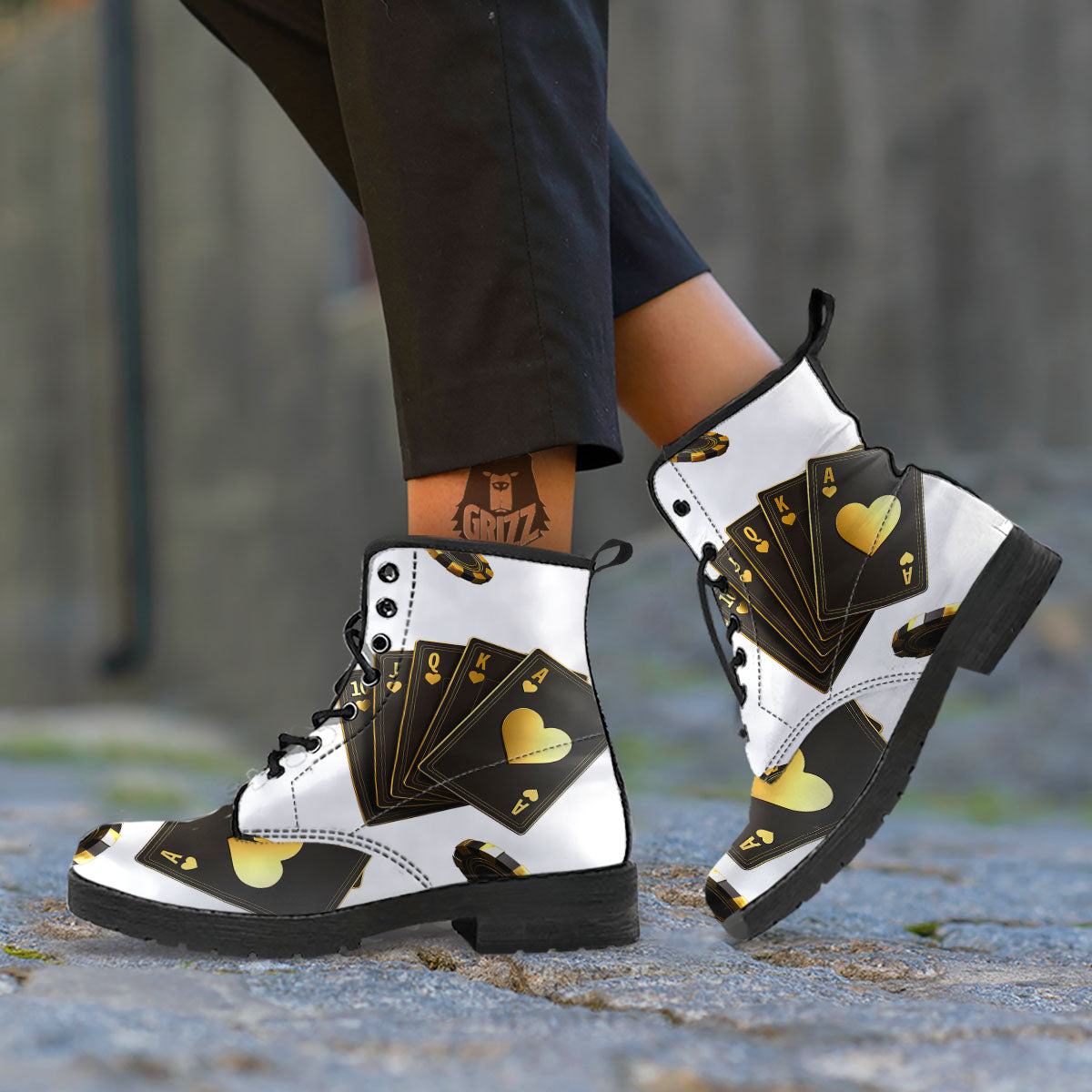 Poker Cards Print Leather Boots-grizzshop