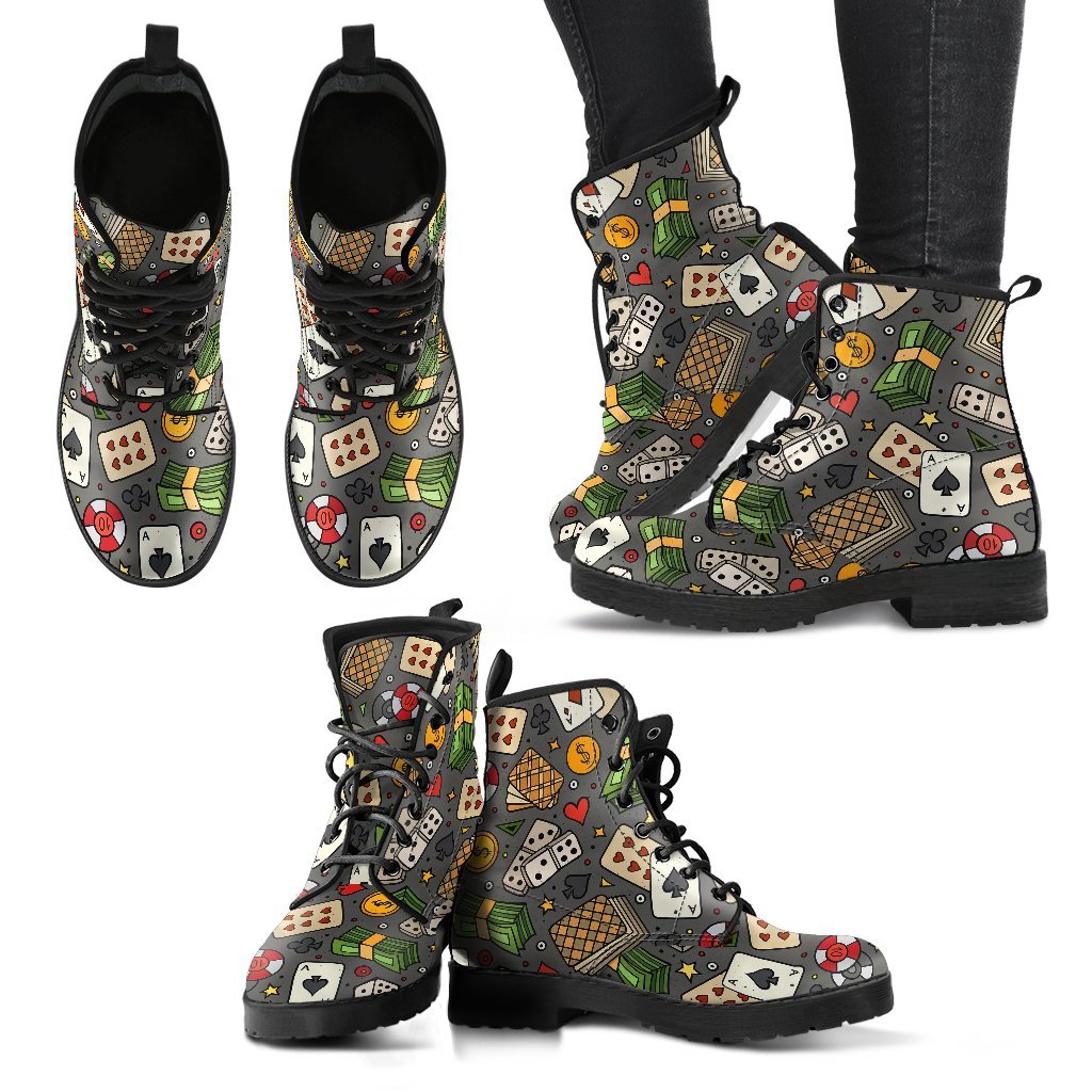 Poker Casino Pattern Print Men Women Leather Boots-grizzshop