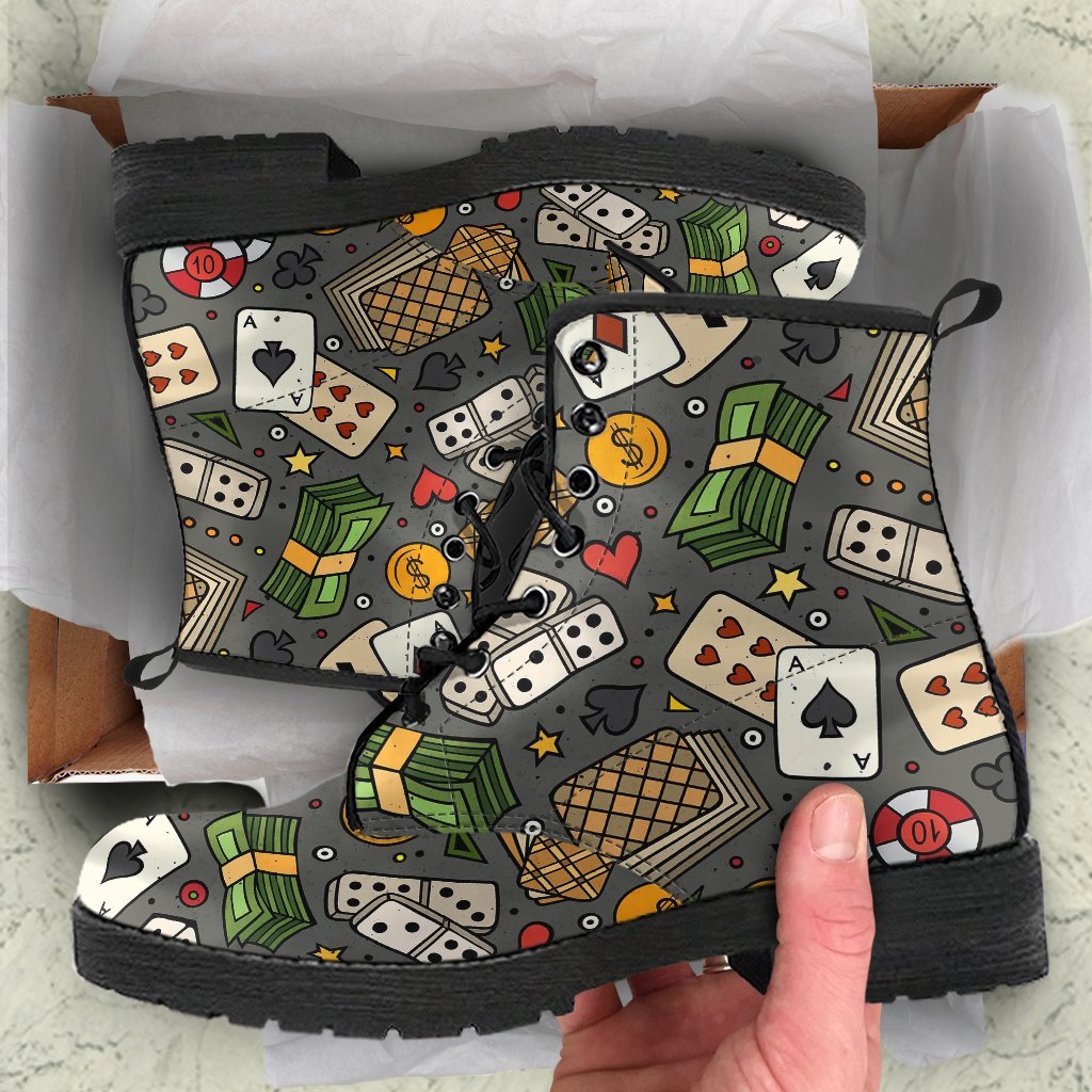 Poker Casino Pattern Print Men Women Leather Boots-grizzshop