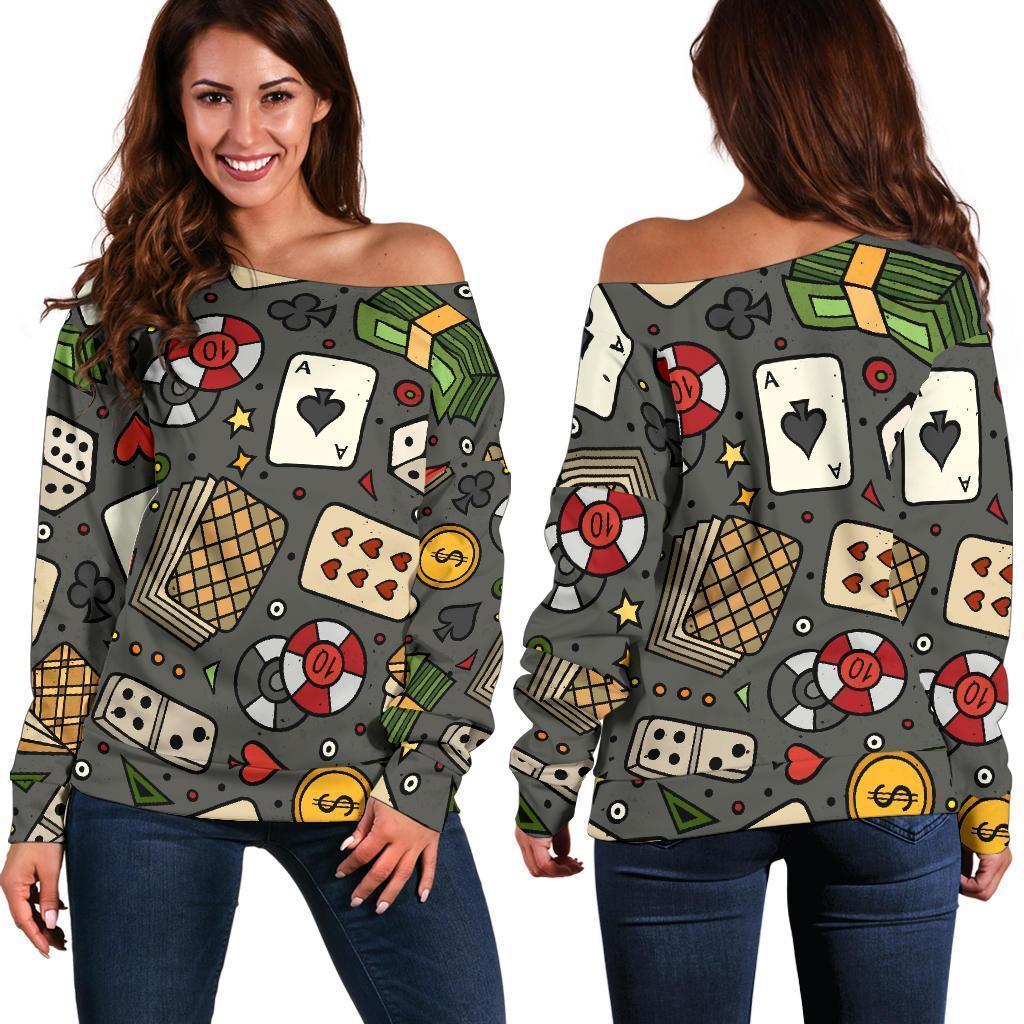 Poker Casino Pattern Print Women Off Shoulder Sweatshirt-grizzshop