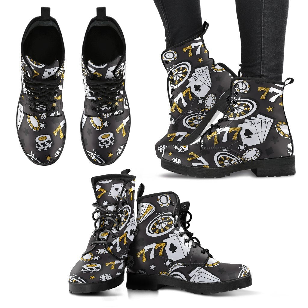 Poker Casino Print Pattern Men Women Leather Boots-grizzshop