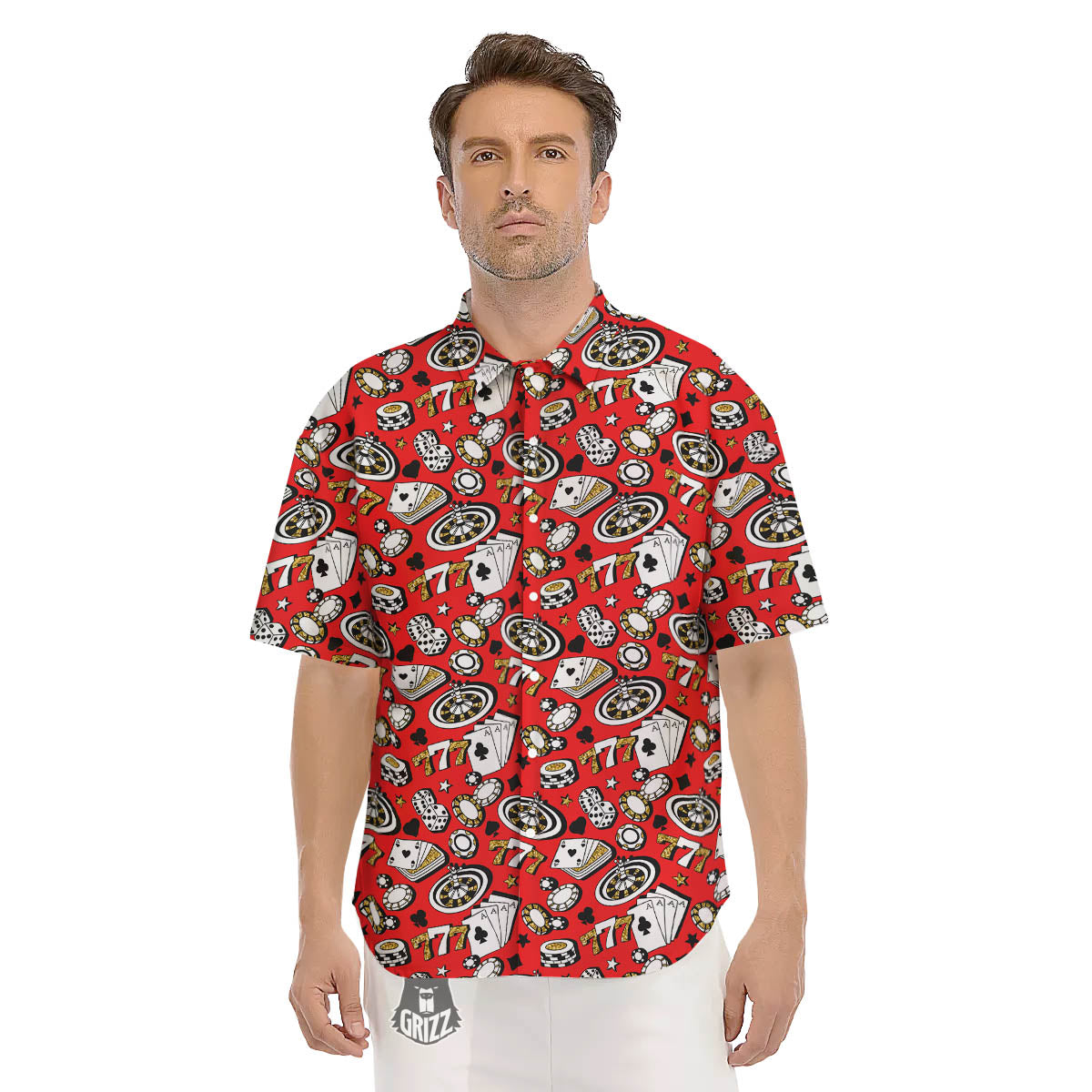 Poker Casino Print Pattern Men's Short Sleeve Shirts-grizzshop
