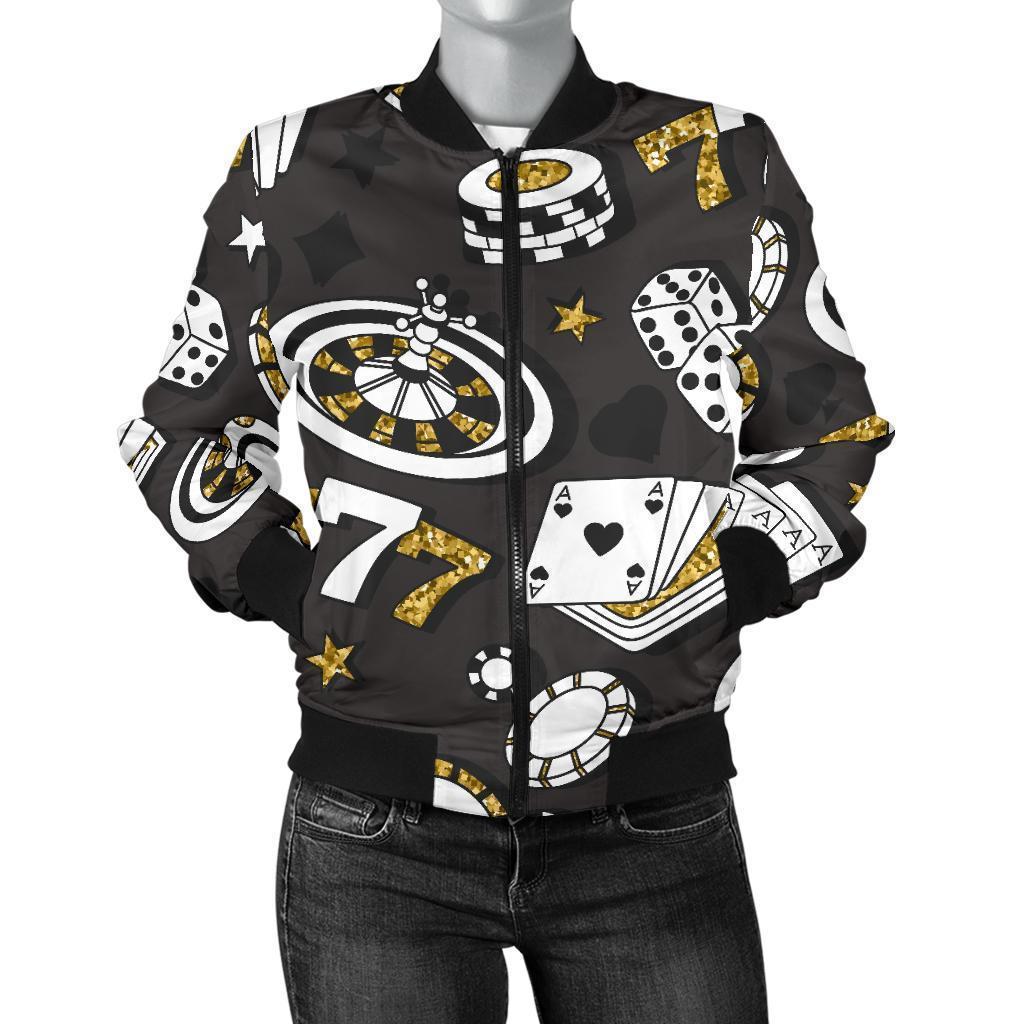 Poker Casino Print Pattern Women Casual Bomber Jacket-grizzshop