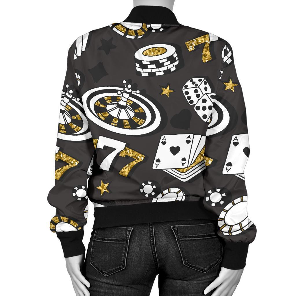 Poker Casino Print Pattern Women Casual Bomber Jacket-grizzshop